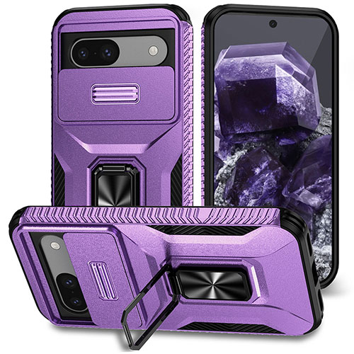 Silicone Matte Finish and Plastic Back Cover Case with Magnetic Stand MQ1 for Google Pixel 8a 5G Purple