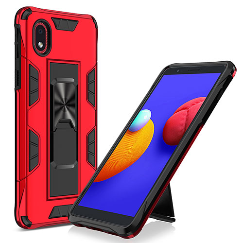 Silicone Matte Finish and Plastic Back Cover Case with Magnetic Stand MQ1 for Samsung Galaxy A01 Core Red