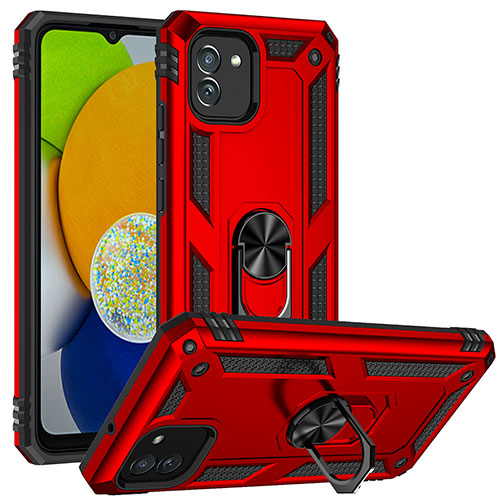 Silicone Matte Finish and Plastic Back Cover Case with Magnetic Stand MQ1 for Samsung Galaxy A03 Red
