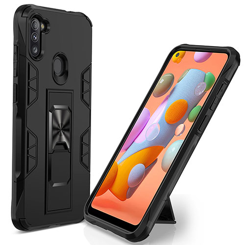 Silicone Matte Finish and Plastic Back Cover Case with Magnetic Stand MQ1 for Samsung Galaxy A11 Black