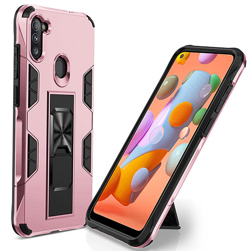 Silicone Matte Finish and Plastic Back Cover Case with Magnetic Stand MQ1 for Samsung Galaxy A11 Rose Gold