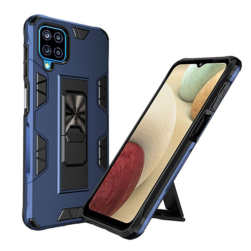 Silicone Matte Finish and Plastic Back Cover Case with Magnetic Stand MQ1 for Samsung Galaxy A12 Blue