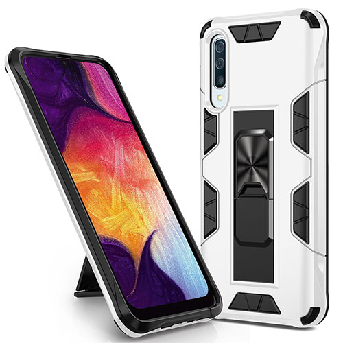 Silicone Matte Finish and Plastic Back Cover Case with Magnetic Stand MQ1 for Samsung Galaxy A30S White