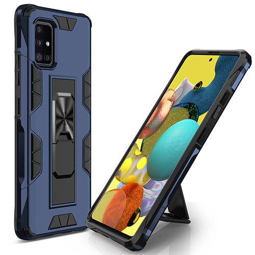 Silicone Matte Finish and Plastic Back Cover Case with Magnetic Stand MQ1 for Samsung Galaxy A51 4G Blue