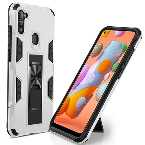 Silicone Matte Finish and Plastic Back Cover Case with Magnetic Stand MQ1 for Samsung Galaxy M11 White