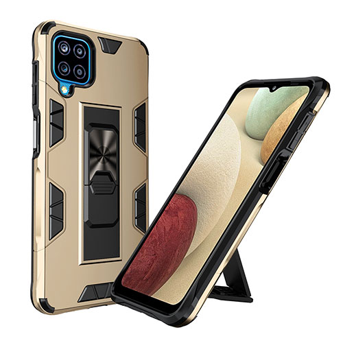 Silicone Matte Finish and Plastic Back Cover Case with Magnetic Stand MQ1 for Samsung Galaxy M12 Gold