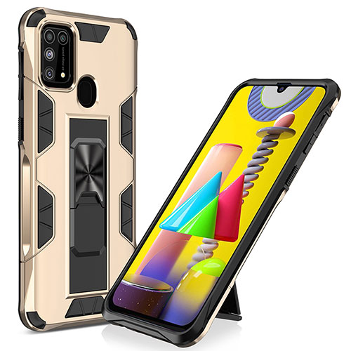 Silicone Matte Finish and Plastic Back Cover Case with Magnetic Stand MQ1 for Samsung Galaxy M31 Gold