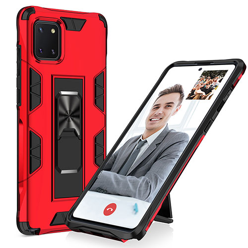 Silicone Matte Finish and Plastic Back Cover Case with Magnetic Stand MQ1 for Samsung Galaxy Note 10 Lite Red