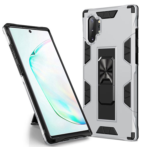 Silicone Matte Finish and Plastic Back Cover Case with Magnetic Stand MQ1 for Samsung Galaxy Note 10 Plus 5G Silver