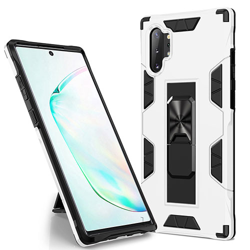 Silicone Matte Finish and Plastic Back Cover Case with Magnetic Stand MQ1 for Samsung Galaxy Note 10 Plus 5G White