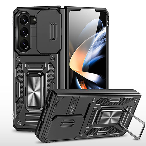 Silicone Matte Finish and Plastic Back Cover Case with Magnetic Stand MQ1 for Samsung Galaxy Z Fold5 5G Black