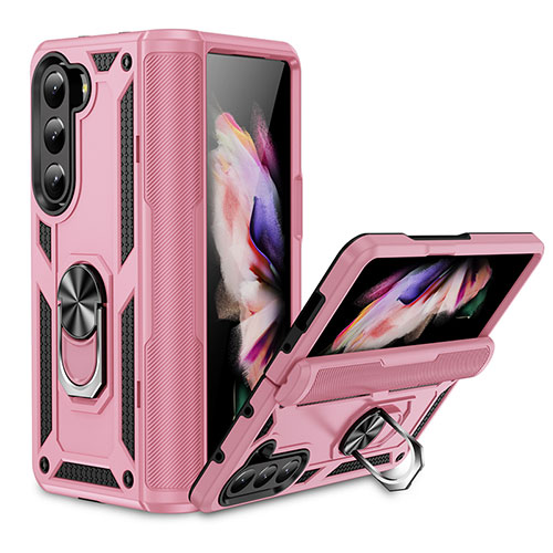 Silicone Matte Finish and Plastic Back Cover Case with Magnetic Stand MQ2 for Samsung Galaxy Z Fold5 5G Rose Gold