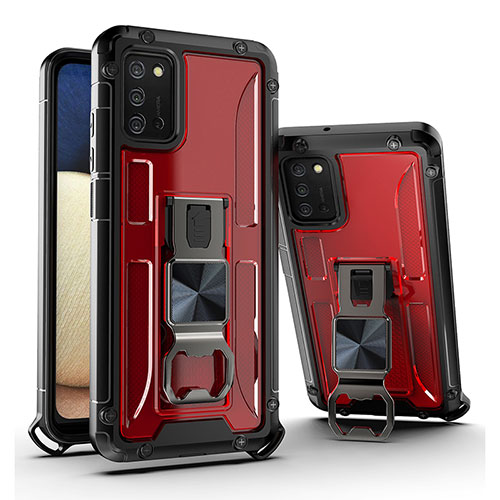 Silicone Matte Finish and Plastic Back Cover Case with Magnetic Stand Q01W for Samsung Galaxy A02s Red