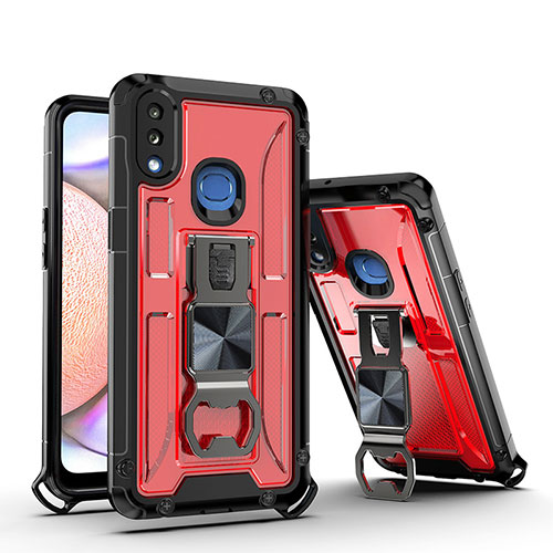 Silicone Matte Finish and Plastic Back Cover Case with Magnetic Stand Q01W for Samsung Galaxy A10s Red