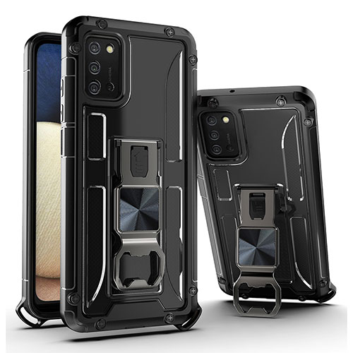 Silicone Matte Finish and Plastic Back Cover Case with Magnetic Stand Q01W for Samsung Galaxy M02s Black