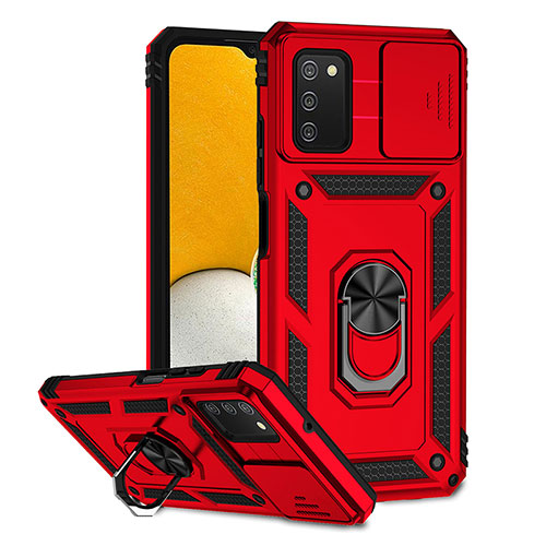 Silicone Matte Finish and Plastic Back Cover Case with Magnetic Stand Q02W for Samsung Galaxy A03s Red