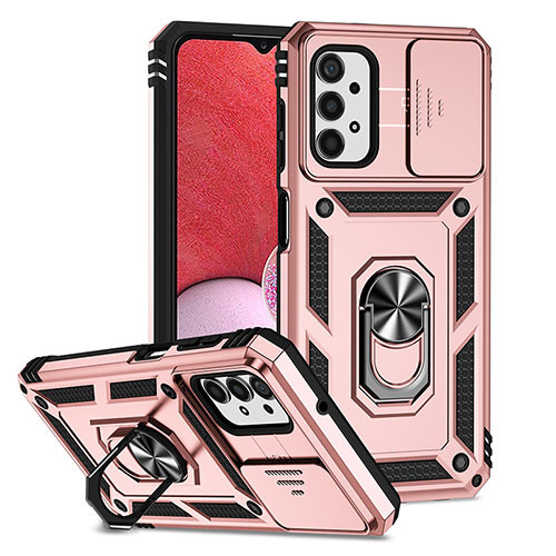 Silicone Matte Finish and Plastic Back Cover Case with Magnetic Stand Q02W for Samsung Galaxy A13 4G Rose Gold