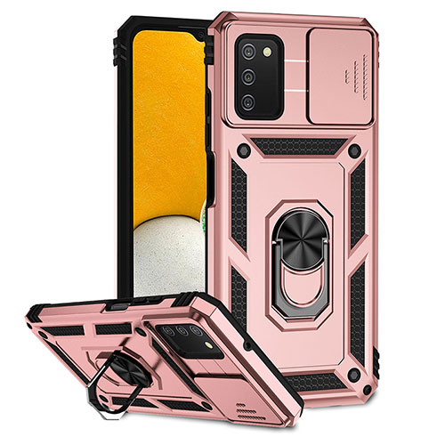 Silicone Matte Finish and Plastic Back Cover Case with Magnetic Stand Q02W for Samsung Galaxy F02S SM-E025F Rose Gold