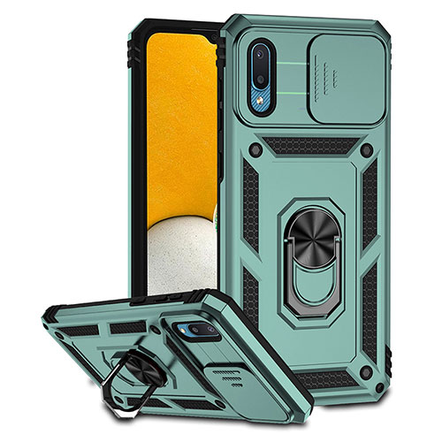 Silicone Matte Finish and Plastic Back Cover Case with Magnetic Stand QW2 for Samsung Galaxy A02 Green