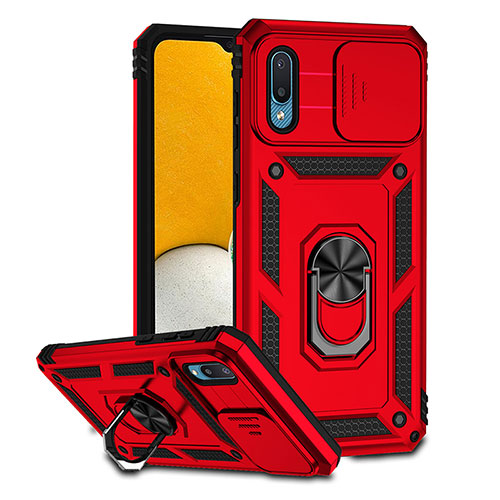 Silicone Matte Finish and Plastic Back Cover Case with Magnetic Stand QW2 for Samsung Galaxy A02 Red