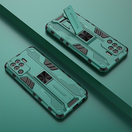 Silicone Matte Finish and Plastic Back Cover Case with Magnetic Stand T01 for Oppo F19 Pro Green