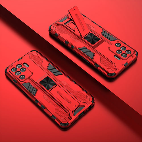 Silicone Matte Finish and Plastic Back Cover Case with Magnetic Stand T01 for Oppo F19 Pro Red