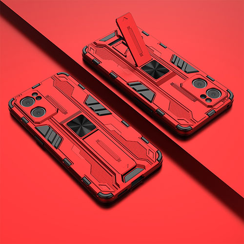 Silicone Matte Finish and Plastic Back Cover Case with Magnetic Stand T01 for Oppo Find X5 Lite 5G Red