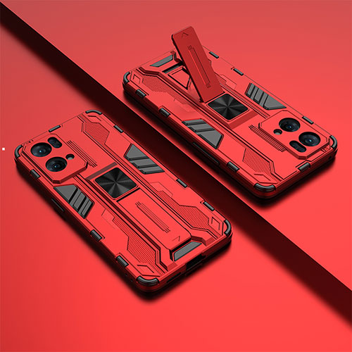 Silicone Matte Finish and Plastic Back Cover Case with Magnetic Stand T01 for Oppo Reno7 Pro 5G Red