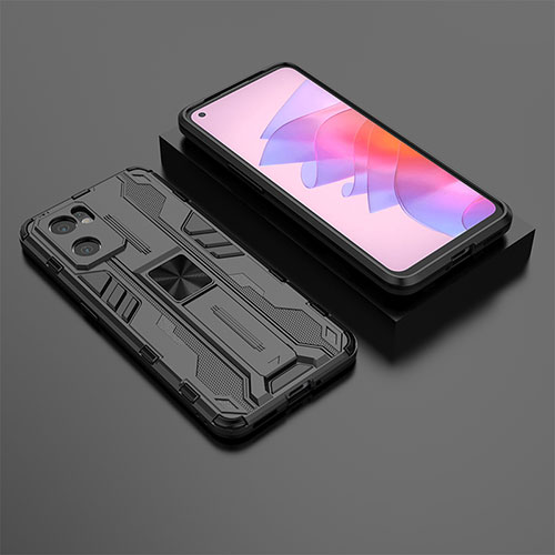 Silicone Matte Finish and Plastic Back Cover Case with Magnetic Stand T01 for Oppo Reno7 SE 5G Black