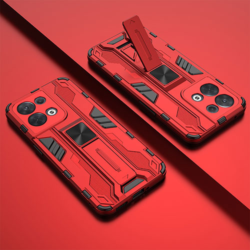 Silicone Matte Finish and Plastic Back Cover Case with Magnetic Stand T01 for Oppo Reno9 5G Red