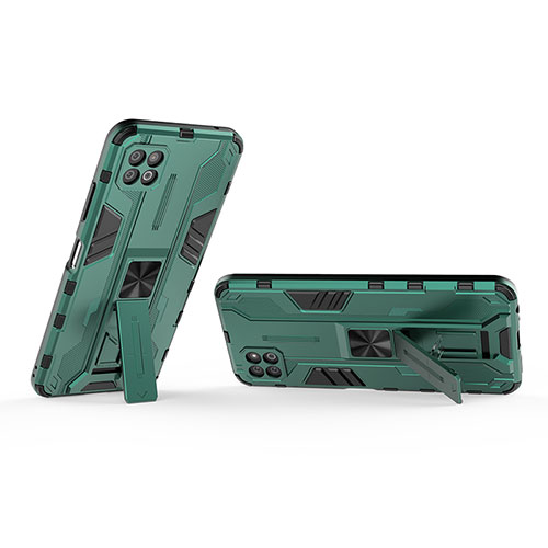 Silicone Matte Finish and Plastic Back Cover Case with Magnetic Stand T01 for Samsung Galaxy A22 5G Green