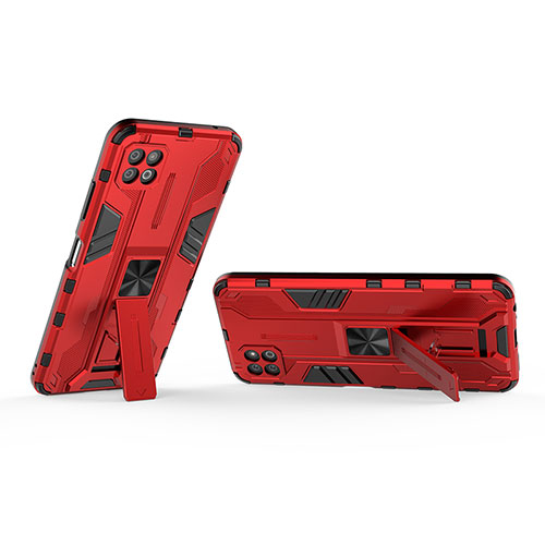 Silicone Matte Finish and Plastic Back Cover Case with Magnetic Stand T01 for Samsung Galaxy A22 5G Red
