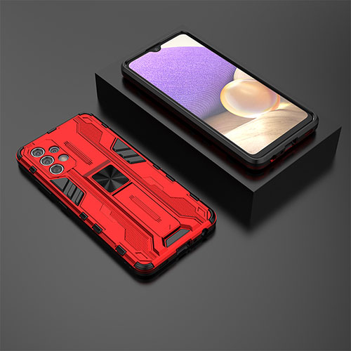 Silicone Matte Finish and Plastic Back Cover Case with Magnetic Stand T01 for Samsung Galaxy A32 4G Red