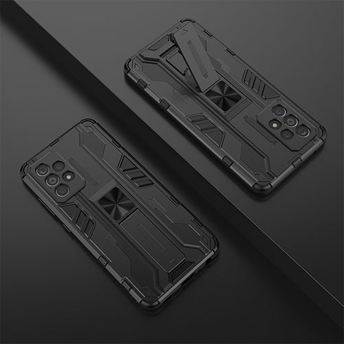 Silicone Matte Finish and Plastic Back Cover Case with Magnetic Stand T01 for Samsung Galaxy A52s 5G Black
