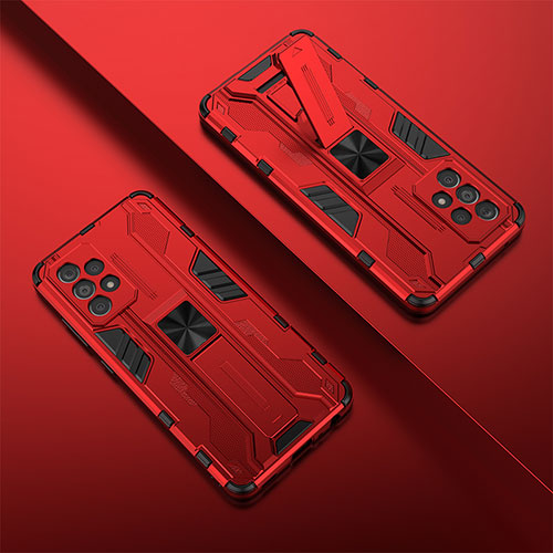Silicone Matte Finish and Plastic Back Cover Case with Magnetic Stand T01 for Samsung Galaxy A52s 5G Red