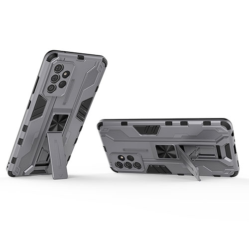 Silicone Matte Finish and Plastic Back Cover Case with Magnetic Stand T01 for Samsung Galaxy A72 4G Gray