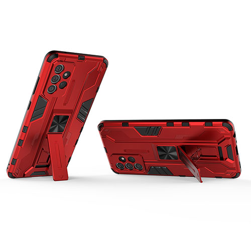 Silicone Matte Finish and Plastic Back Cover Case with Magnetic Stand T01 for Samsung Galaxy A72 4G Red