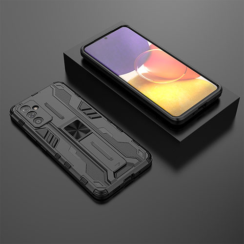 Silicone Matte Finish and Plastic Back Cover Case with Magnetic Stand T01 for Samsung Galaxy A82 5G Black
