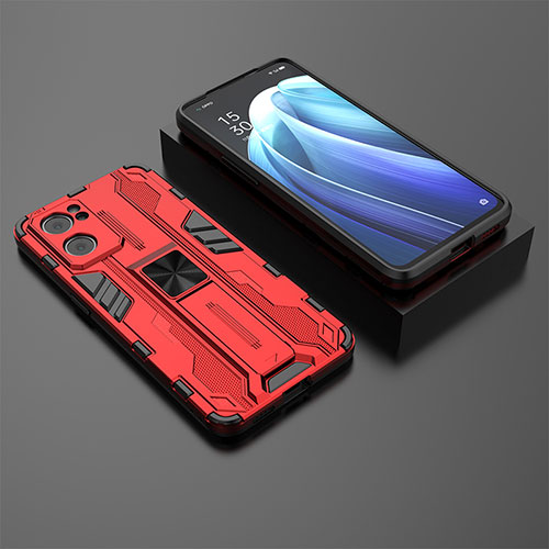 Silicone Matte Finish and Plastic Back Cover Case with Magnetic Stand T02 for OnePlus Nord CE 2 5G Red