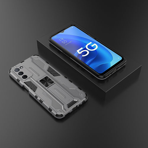 Silicone Matte Finish and Plastic Back Cover Case with Magnetic Stand T02 for Oppo A53s 5G Gray