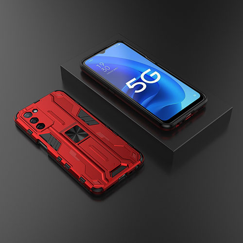 Silicone Matte Finish and Plastic Back Cover Case with Magnetic Stand T02 for Oppo A53s 5G Red