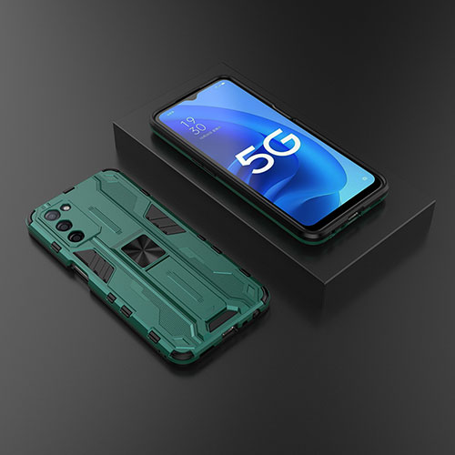 Silicone Matte Finish and Plastic Back Cover Case with Magnetic Stand T02 for Oppo A56 5G Green