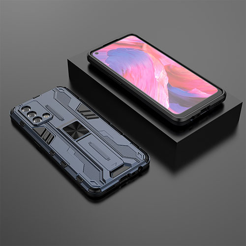 Silicone Matte Finish and Plastic Back Cover Case with Magnetic Stand T02 for Oppo A74 4G Blue