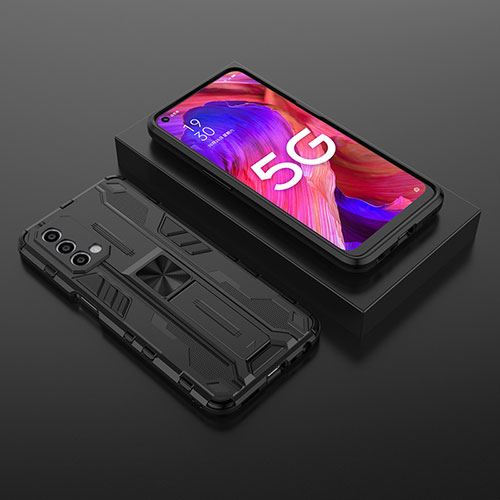 Silicone Matte Finish and Plastic Back Cover Case with Magnetic Stand T02 for Oppo A74 5G Black