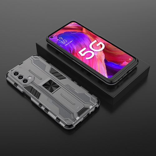 Silicone Matte Finish and Plastic Back Cover Case with Magnetic Stand T02 for Oppo A74 5G Gray