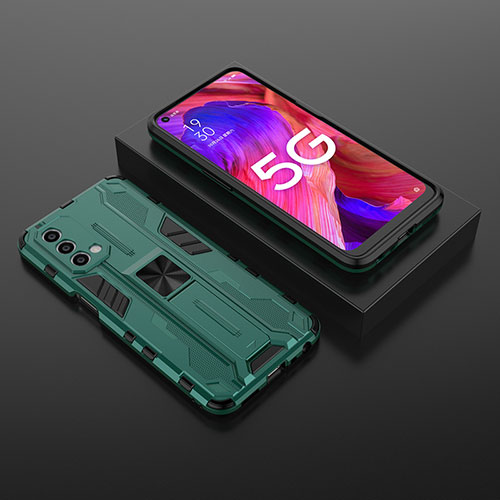 Silicone Matte Finish and Plastic Back Cover Case with Magnetic Stand T02 for Oppo A74 5G Green