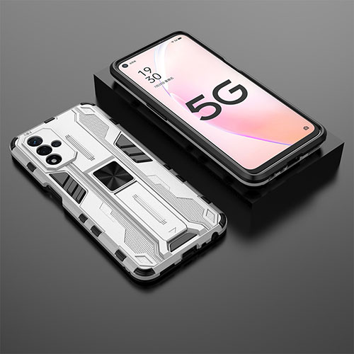 Silicone Matte Finish and Plastic Back Cover Case with Magnetic Stand T02 for Oppo A93s 5G White