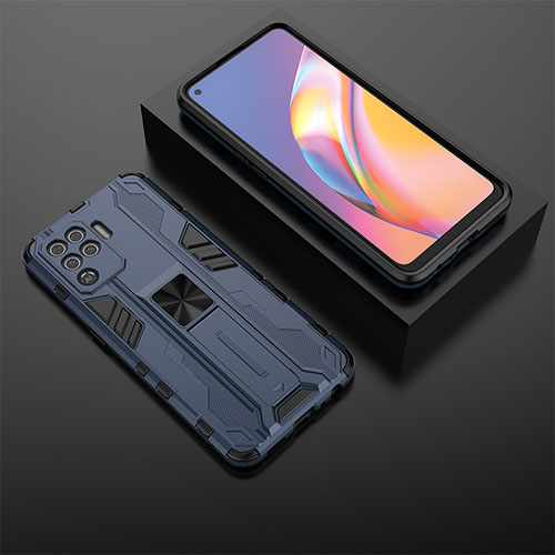 Silicone Matte Finish and Plastic Back Cover Case with Magnetic Stand T02 for Oppo A94 4G Blue