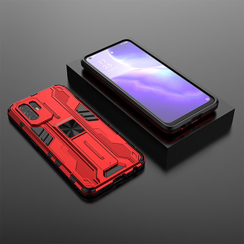 Silicone Matte Finish and Plastic Back Cover Case with Magnetic Stand T02 for Oppo A94 5G Red