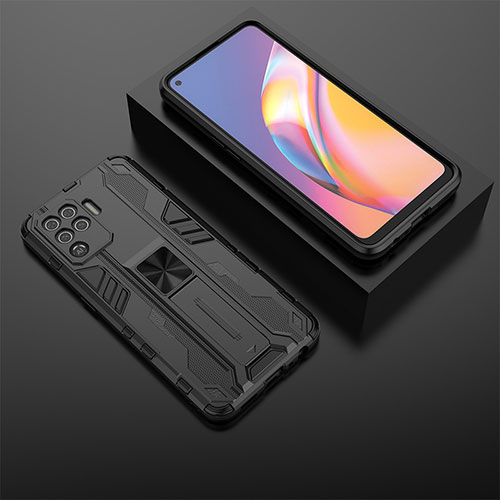 Silicone Matte Finish and Plastic Back Cover Case with Magnetic Stand T02 for Oppo F19 Pro Black